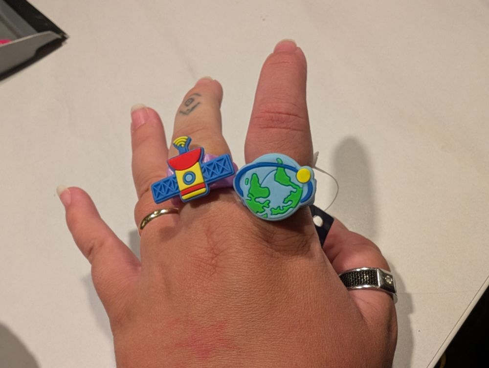 Left hand showing two plastic rings, one with the earth and another with a space station.