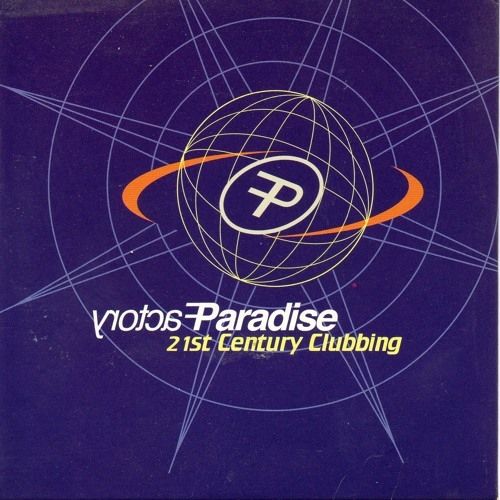 "Paradise Factory" with the word Factory reversed and written before Paradise. White text.

Byline is "21st Century Clubbing". Yellow text. Overall logo represents a stylised planet with orange rings, and spikes originating from the planet. Styled similar to a blueprint; late 1990s UK futurism aesthetic. Text is sans serif.

Poster background is purple.