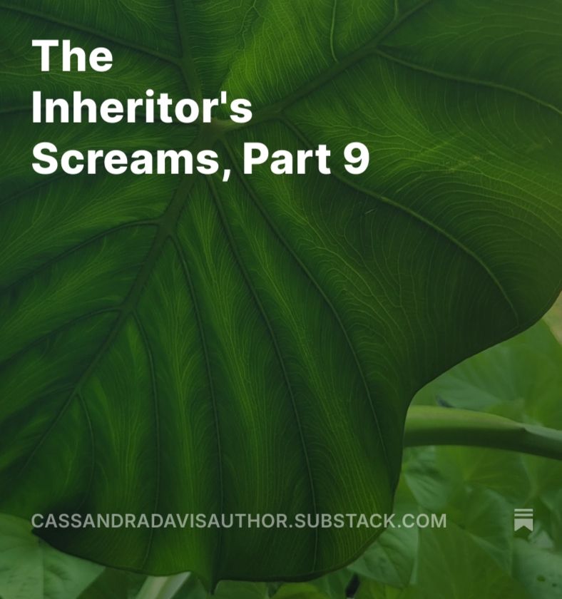 Image of an elephant ear plant with text advertising chapter 9 of a serial story on Substack.