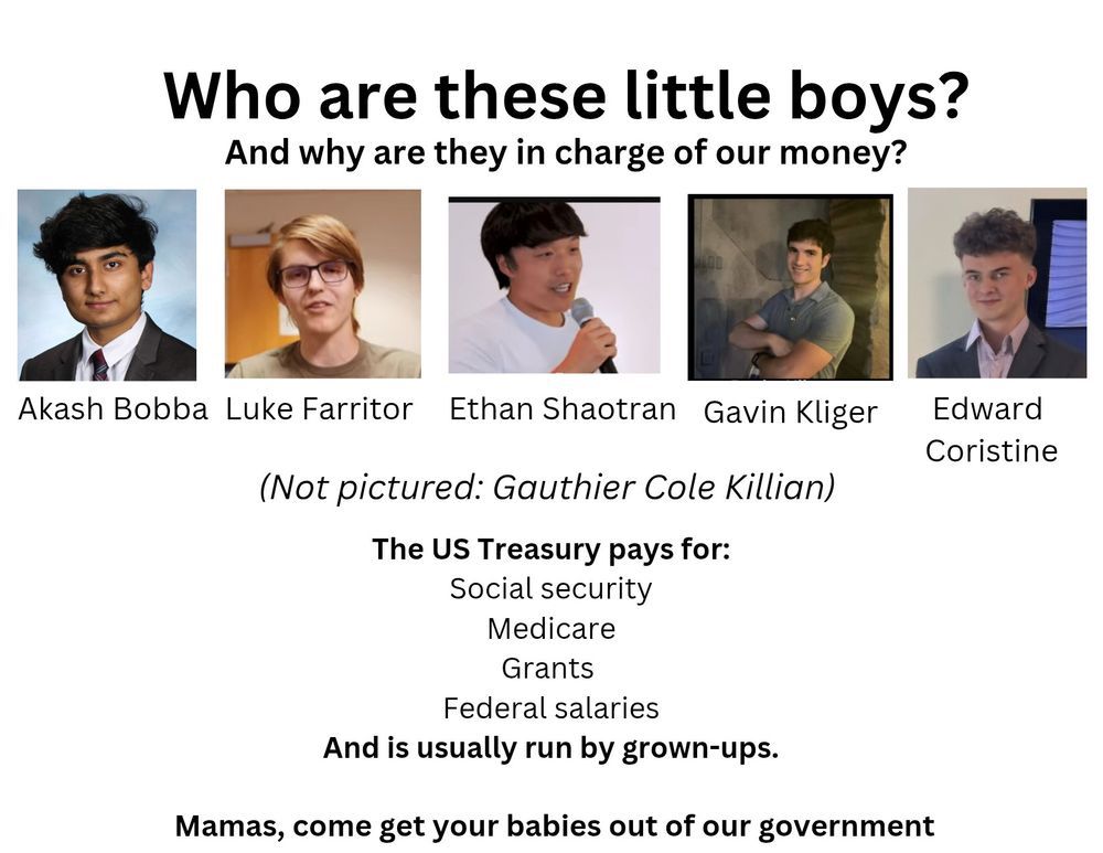 A set of pictures of the boys who work for Elmo, and forced their way into the US Treasury, and other departments of the US Government.

Crimes against the US Treasury that lead to money being removed, are NOT Pardonable offenses by ANY POTUS. Only Congress has the power of the purse, as per the US Constitution Article I, Appropriations Clause, and subsequent Federal case law.
