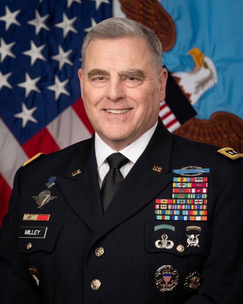 A picture of General Mark Milley, US Army (Retired), wearing his Dress Blue uniform.