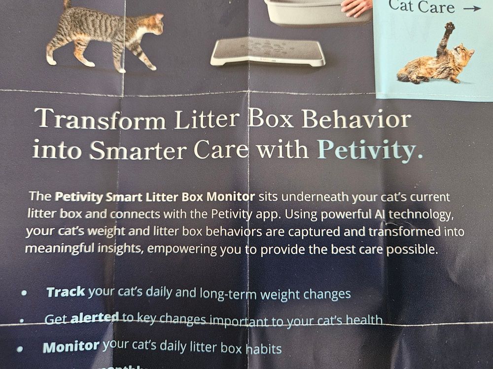 More ridiculous claims from the flyer for a product that promises to transform litter box behaviour into "smarter care."
