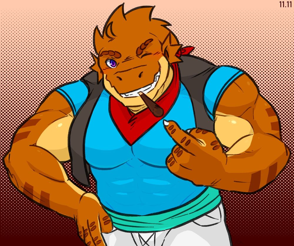 DnD OC. Gil in his regular outfit, pointing to a pocky biscuit he is holding with his teeth. Will you take a bite?