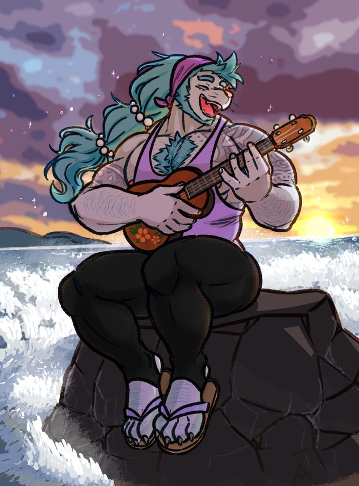 Primarina boy sitting on a rock while ocean surf crashes and sprays; singing with his ukelele at sunset. He is wearing a gym tank along with wetsuit pants.
