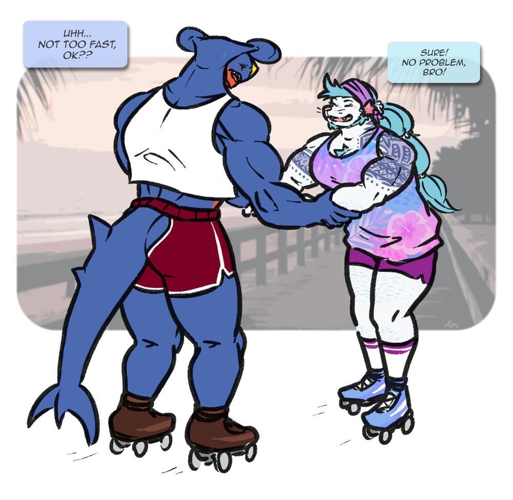 An anthro Garchomp being shown how to roller-skate by an anthro Primarina.