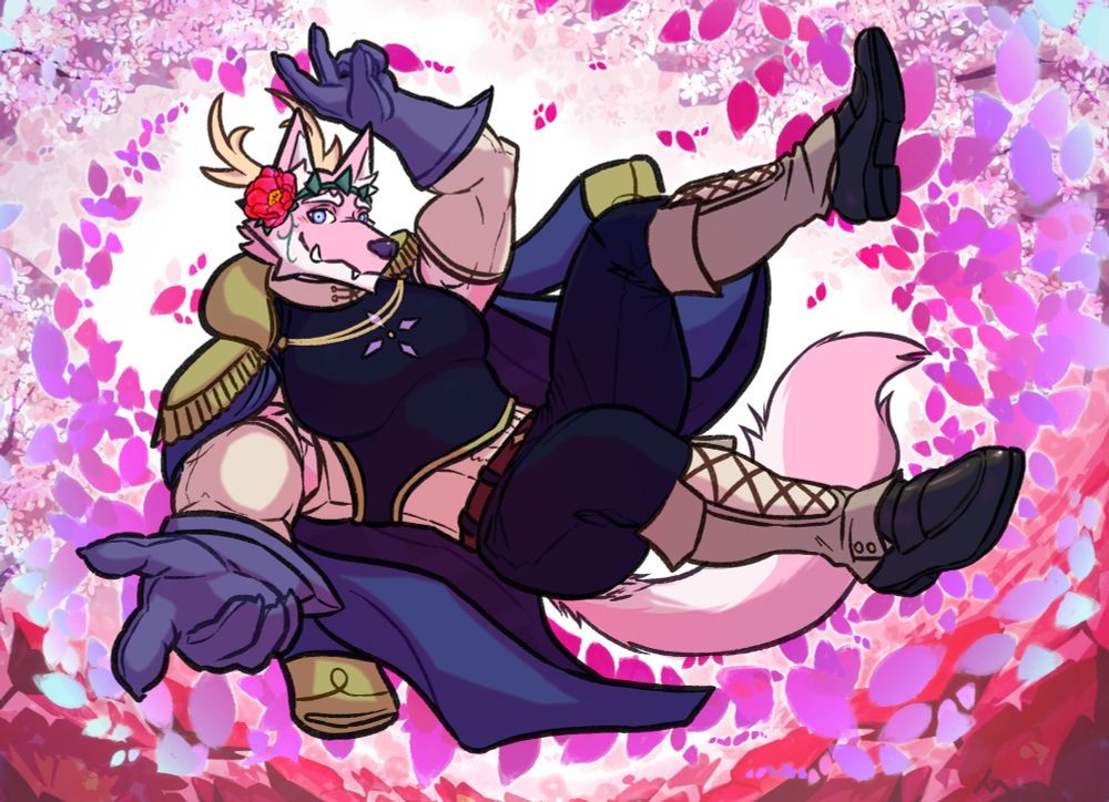 OC of @renphro.bsky.social‬

Aerio is in a gacha pose, pointing at the viewer while magical petals swirl around him. There is a peony blooming by his ear.