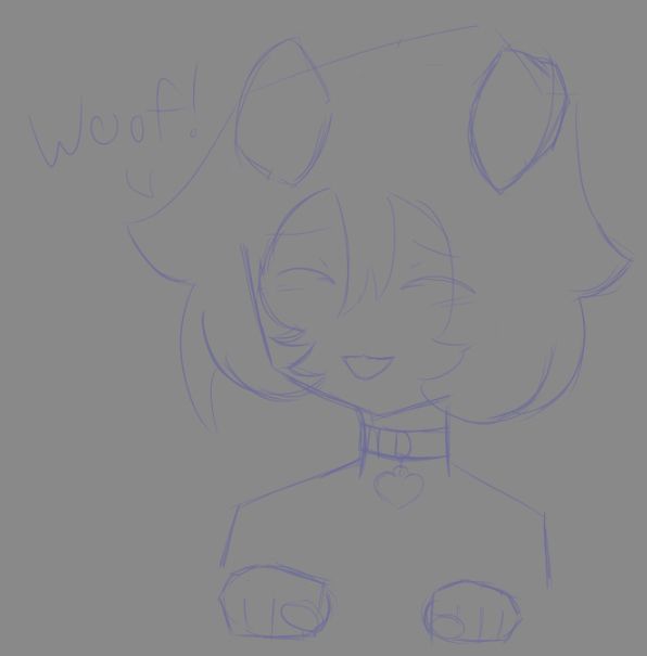 A sketch of a smiling Rudy wearing a dog collar with a tag, and dog ears on their head. Their hands are curled up in a way that resembles paws. There's a speech bubble near their head that says "Woof!"