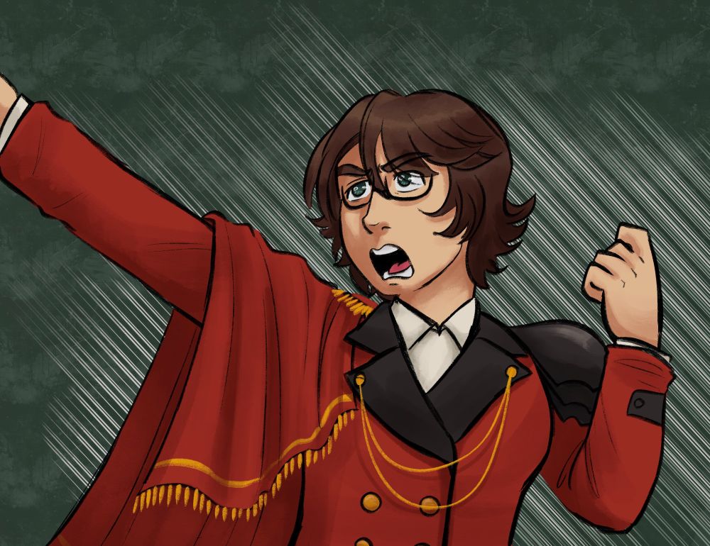 A person donned in red, black and gold clothes with their fist up and looks to be shouting out. Their other arm is upwards as if he is gesturing or pointing their sword at charge. I left this up to the OC creator's interpretation! 