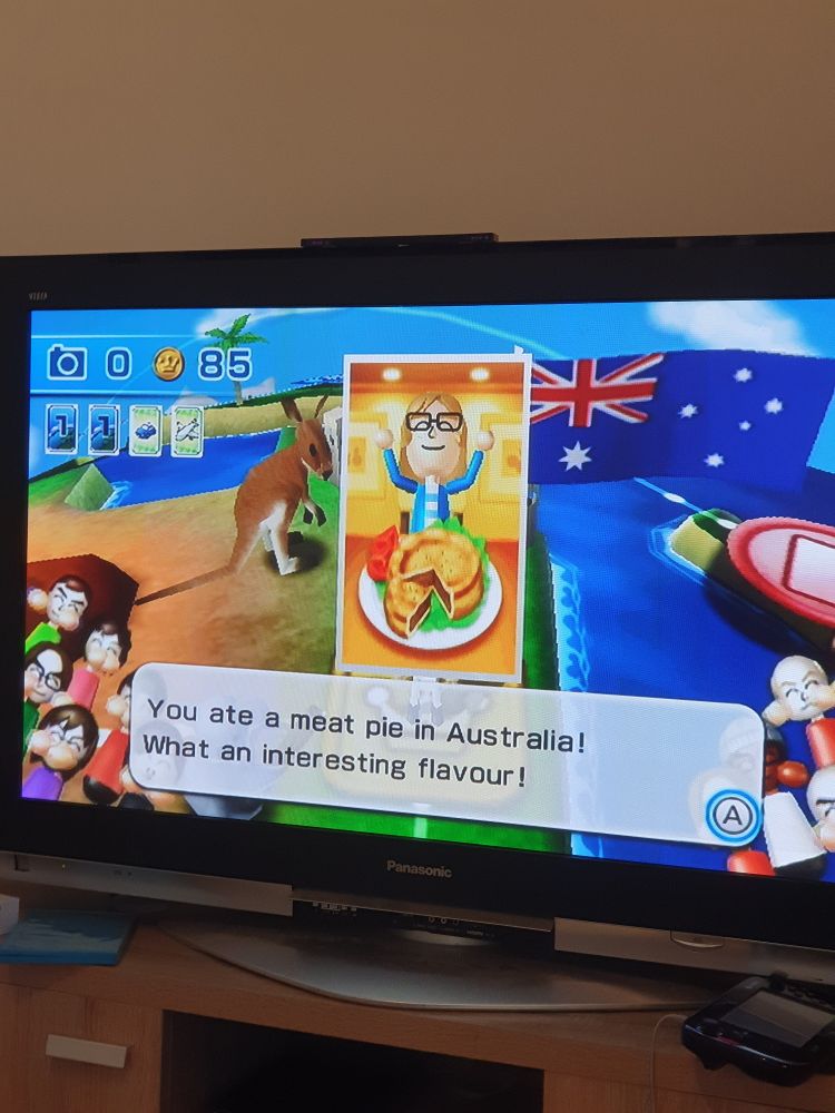 In the Globe Trot game in Wii Party, my Mii can be seen eating a meat pie in Australia
