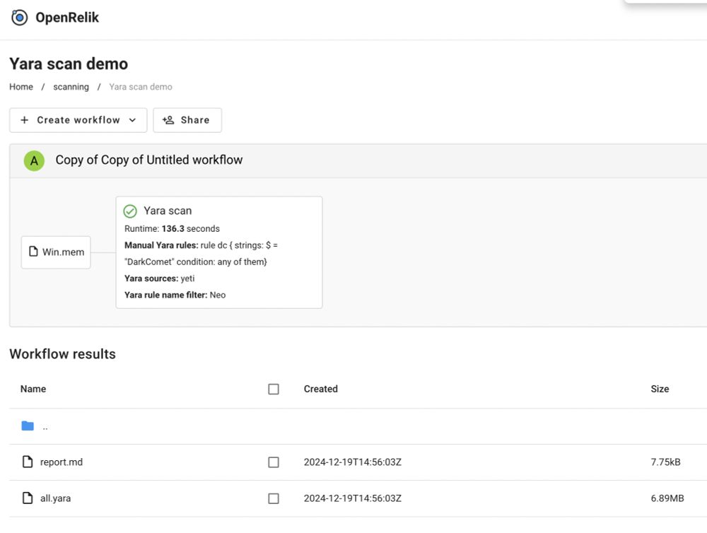 Demo of the Yara scanner worker showing matches for a dumb DarkComet rule