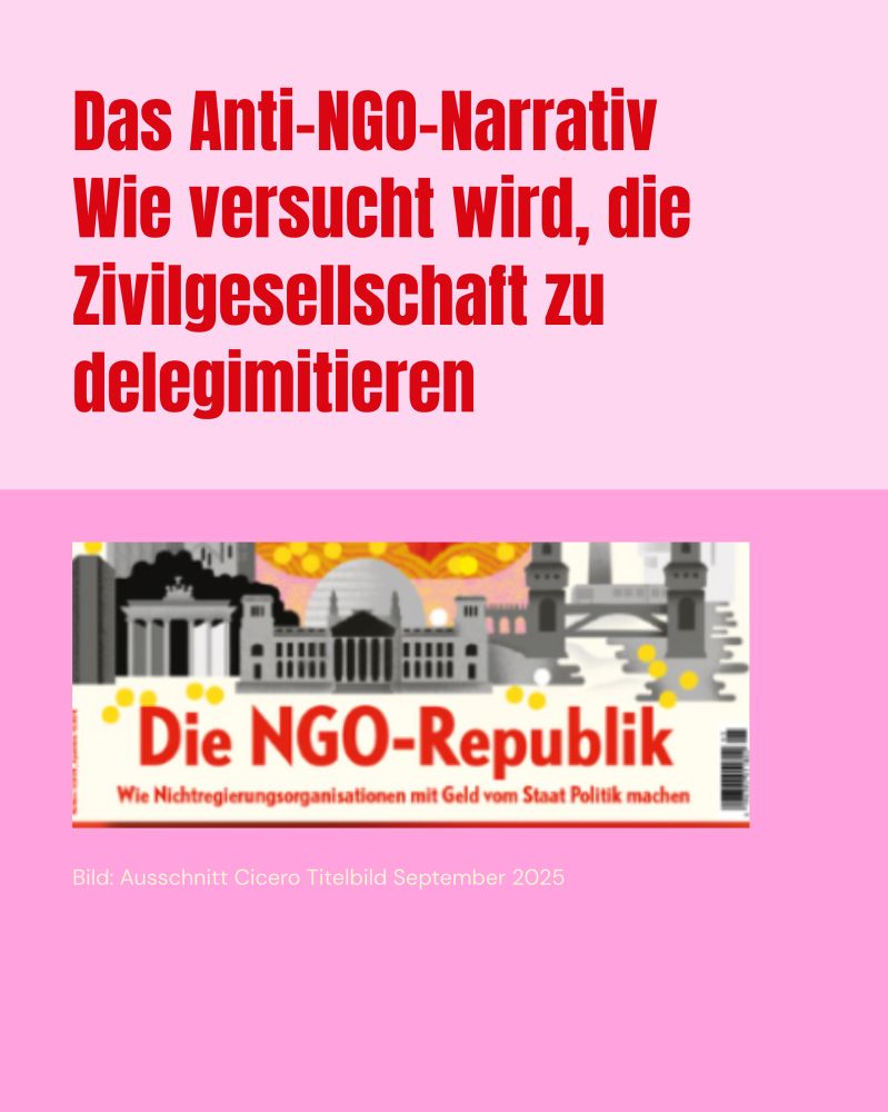 Text auf erster Kachel: Das Anti-NGO-Narrativ: Wie versucht wird, die Zivilgesellschaft zu delegitimieren
Bild Ausschnitt Titel des Magazins Cicero “Die NGO Republik”