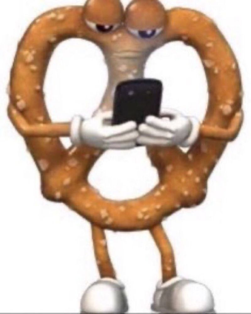 An anthropomorphized pretzel holding a smartphone looking into its screen with mild disinterest.