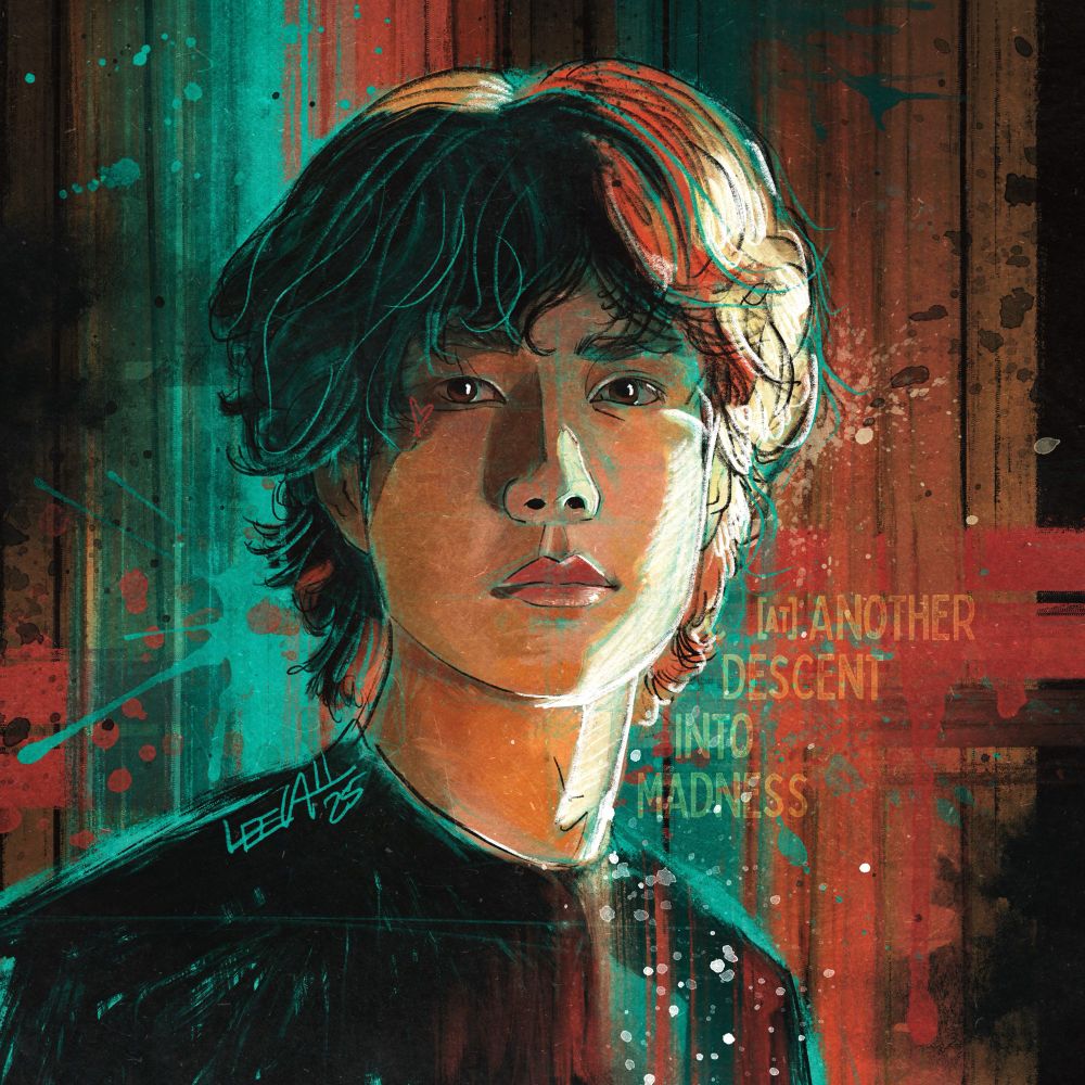 A painterly portrait of Wang YiBo, head and shoulders, with paint splatters in shades of green and brick red. He looks out at the viewer, sunlight illuminating the left side of his face, a relaxed look on his face.