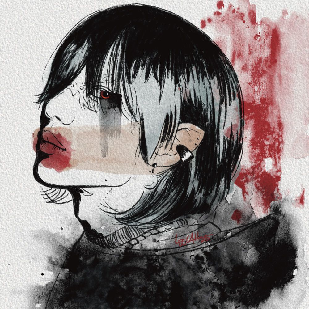 Pen and watercolor painting of Lee TaeMin, inspired by his concept photos from The Rizzness, with red paint splattered in the background and smeared across his mouth. His clothing is black and there is a black streak falling vertically from his red left eye. I look at him and all I can think is, “Bite me.”