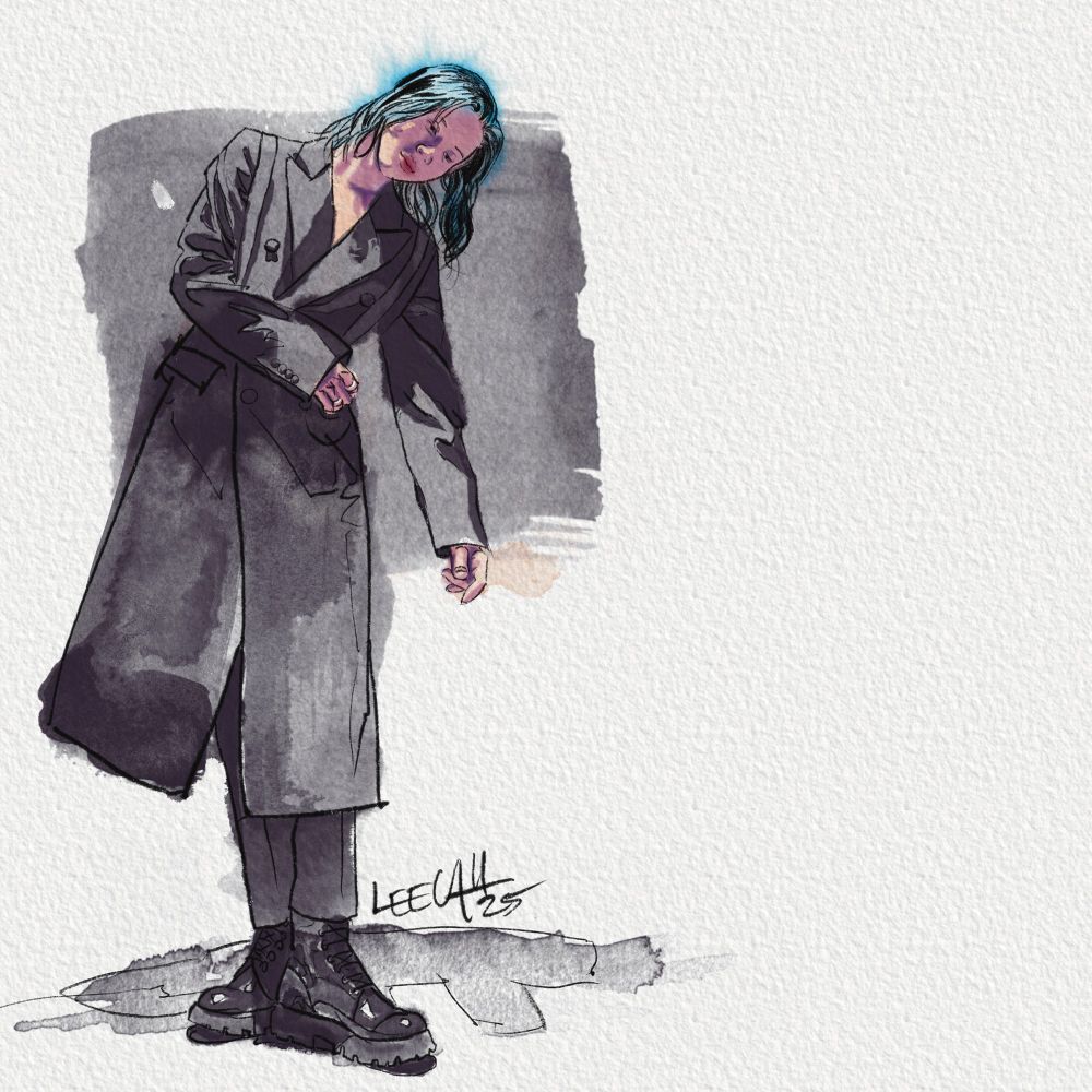 Lee TaeMin from SHINee in a quick watercolor sketch style. He’s seen head to toe dressed all in black, a long buttoned coat and boots. One of his arms is crossed over his middle, the other hanging as he bends to one side, his wavy hair falling across his face and shoulder  
