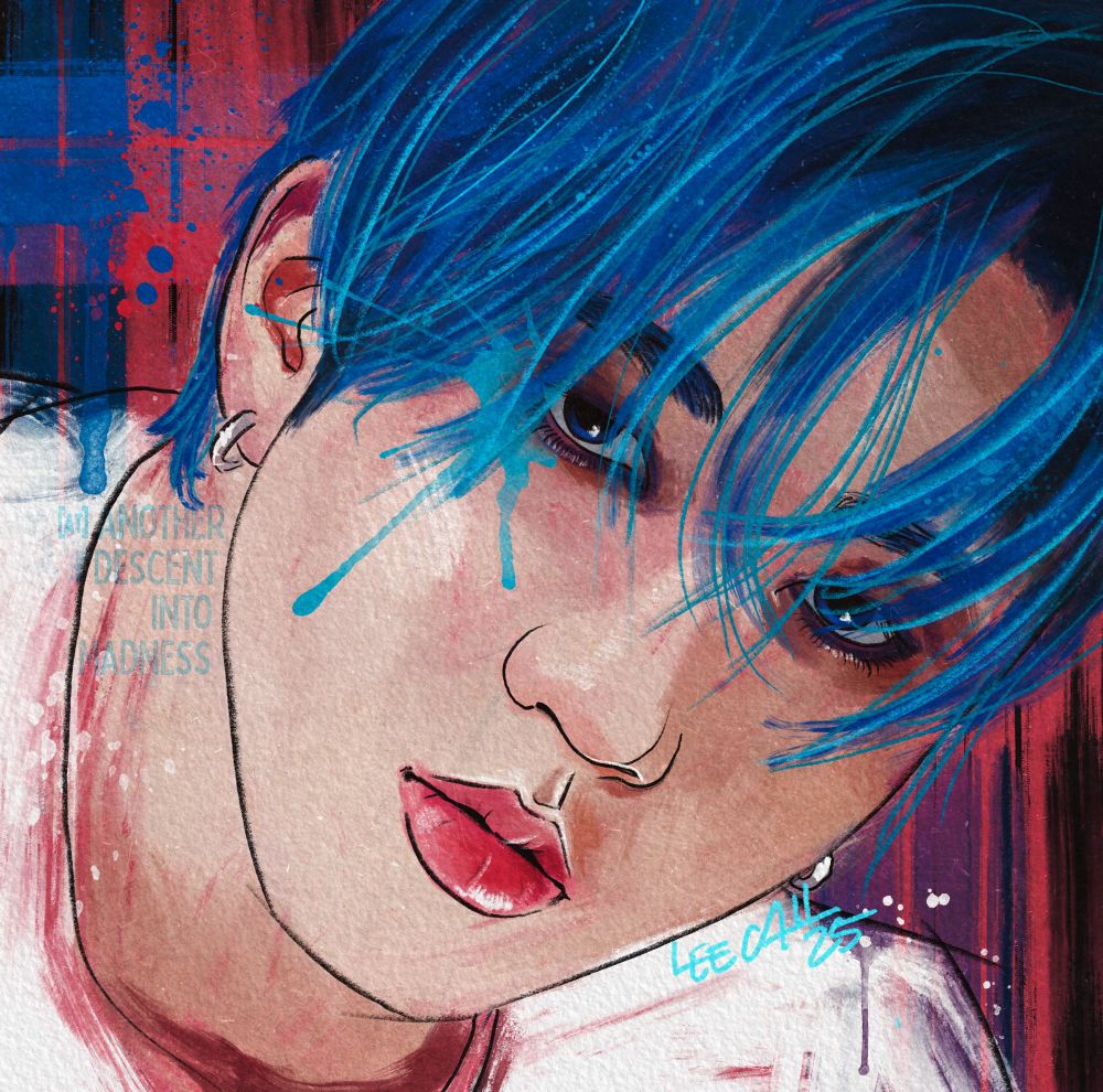 Painterly Portrait of blue-haired Seo ChangBin from Stray Kids, with paint splatters and his blue eyes looking out at the viewer.