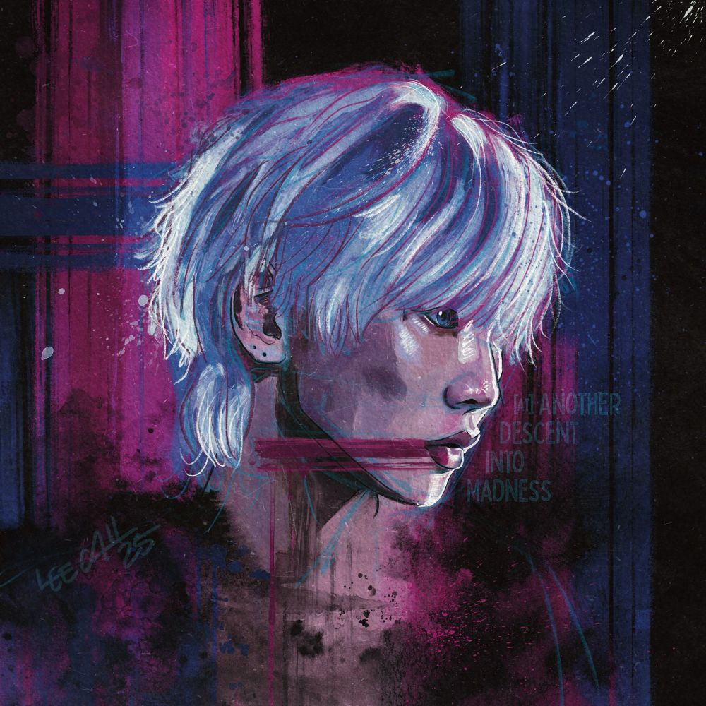 Painterly portrait of Kim KiBum from SHINee with splatters of color. He is in profile, platinum purple hair and blue eyes visible.