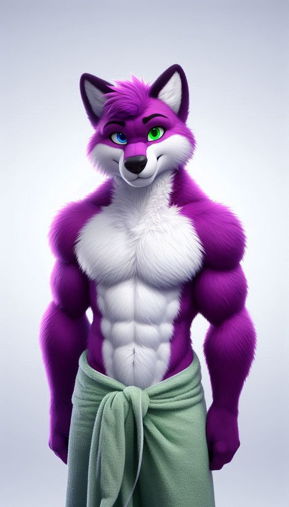 ai gerorated furry fox, male, muscular, purple and white, wearing a towel like he just got out of the shower