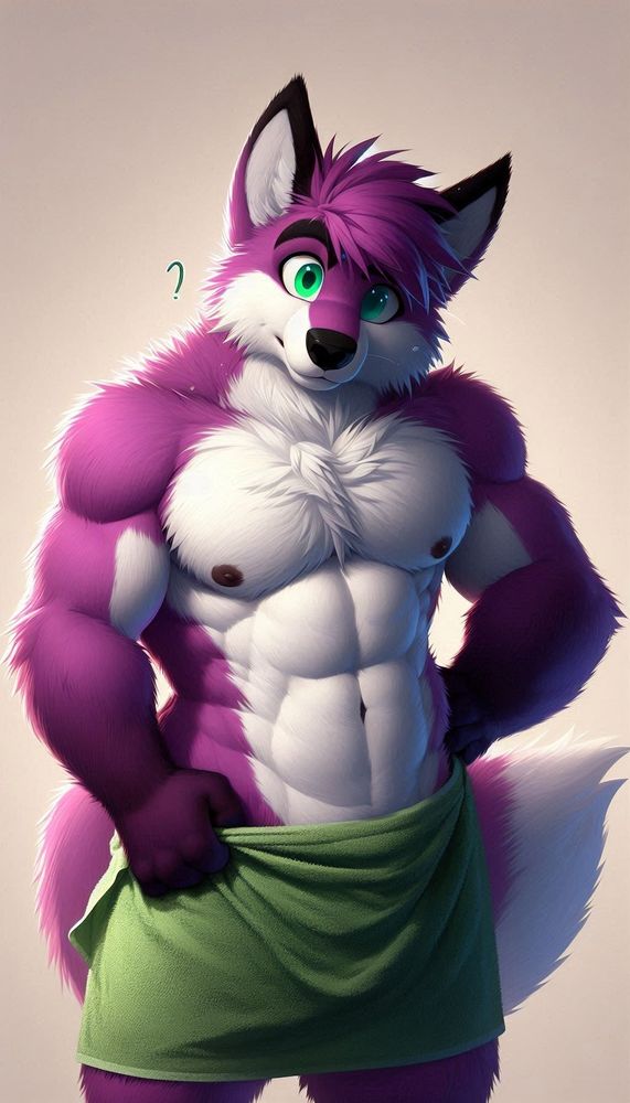 ai gerorated furry fox, male, muscular, purple and white, wearing a towel like he just got out of the shower