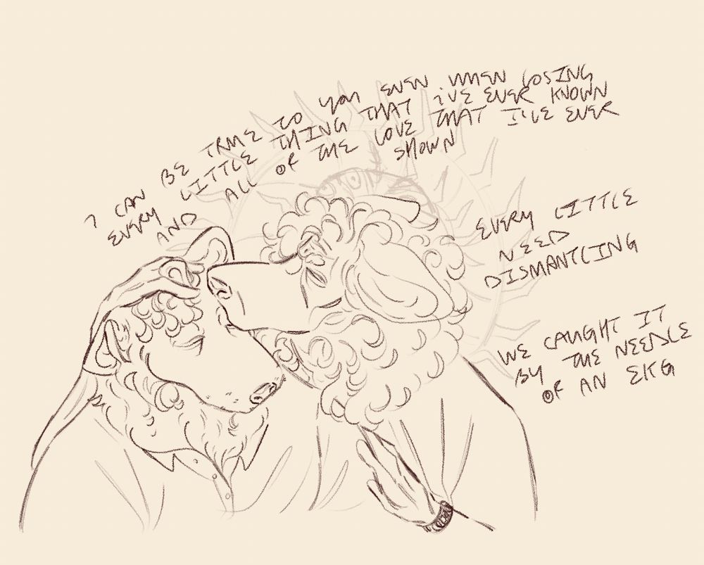 sketch of 2 anthro dogs, morgan and sasha. morgan is a fat siberian husky with a droopy torn left ear, ptosis, and a wristwatch, and sasha is a thin shepherd with rounded ears, an atrophied face and muscles with wrinkles, and a digital wristwatch. sasha is kissing morgan's forehead. there is a centipede shaped like a halo behind sasha's head, curled around a moth to cover its eyespots. the lyrics l"i can be true to you even when losing every little thing that i've ever known and all the love that i've ever shown, every little need dismantling, we caught it by the needle of an EKG" are written above them, from i miss that feeling by tennis.