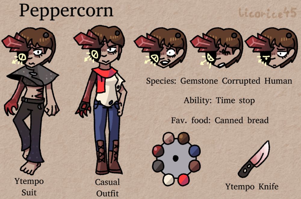 Reference sheet for Peppercorn showcasing ytempo suit, casual outfit, ytempo knife and multiple expressions
Species: Gemstone Corrupted Human
Ability: Time stop
Fav. food: Canned bread