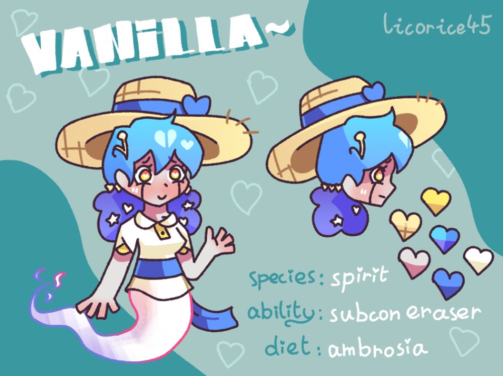 VANILLA~
A reference sheet showcasing this new character !
species: spirit
ability subcon eraser
diet: ambrosia