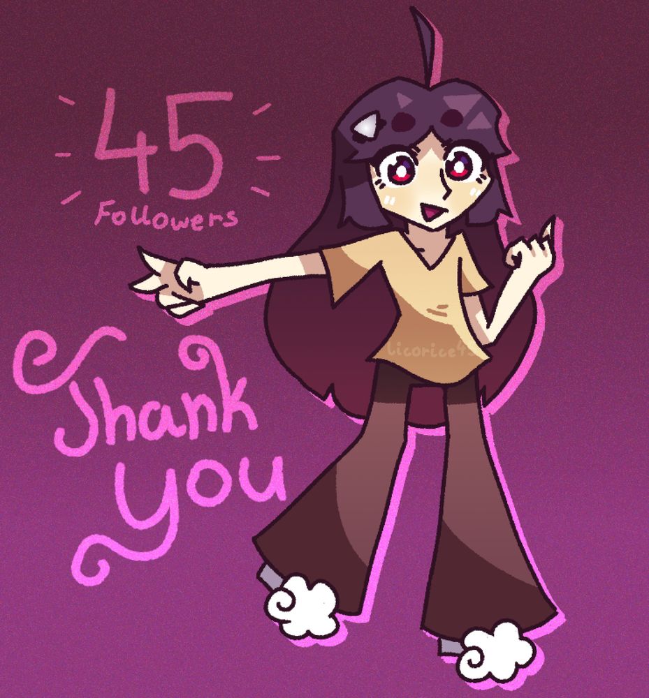 Licorice striking a pose grateful for the 45 followers, with the "Thank you" text in the background