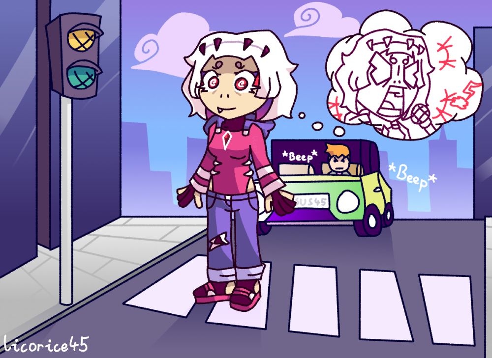 Drawing of Cardamon (my OC) standing in middle of the road while thinking about becoming a pop-star while a car keeps beeping on her.