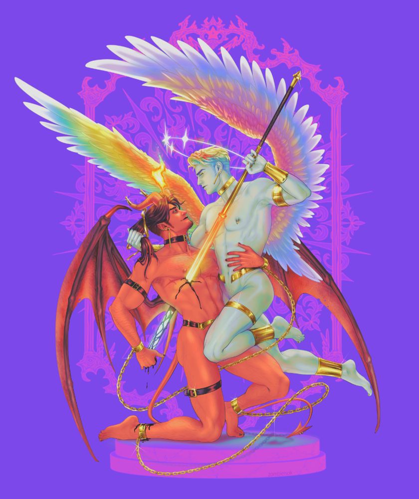 A vibrant colored illustration depicting a muscular devil man holding a masculine angel around the waist and gazing lovingly up at him. The angel is crying and piercing the devil through the chest with a glowing spear. 