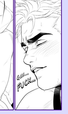 work in progress of a comic panel. It shows a close up of my character August's face scrunched and sweaty as he tries not to moan. XD 