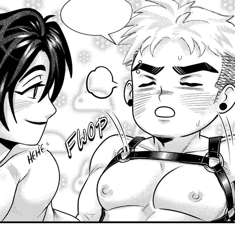 crop of a black and white comic page. It shows my ocs in a chibi art style.