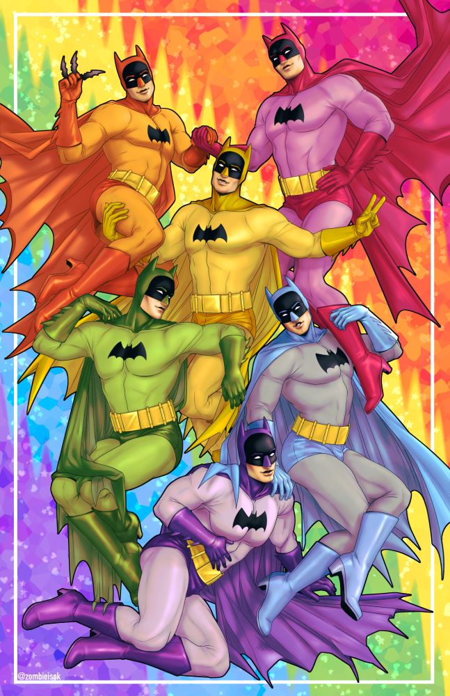 Vibrantly colored illustration of six classic Batmans, each in different color of the rainbow and posing flirtatiously. Drawn by me in 2022.