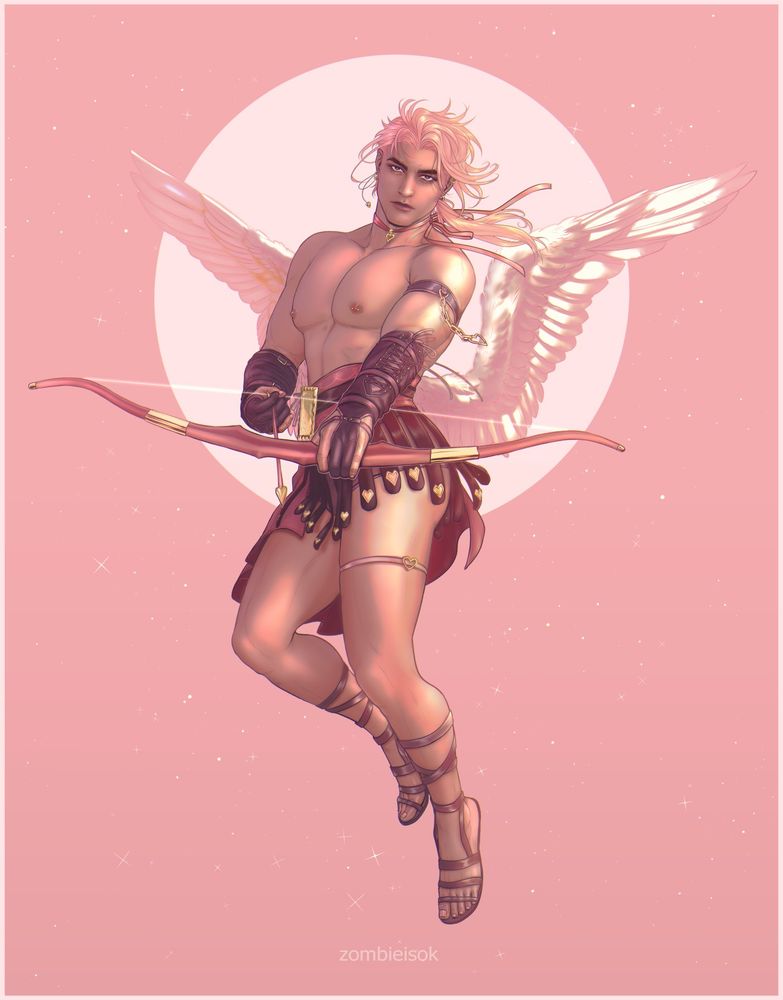 a peachy-pink toned drawing of a handsome buff Cupid with an intense expression. He is determining if you are a threat that needs to be neutralized. 