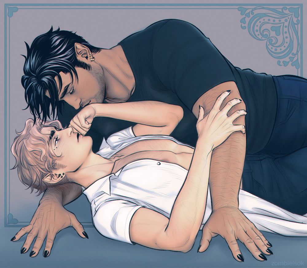 warmup drawing of my ocs Mateo and Ellis. Ellis is laying on his back with his arm blocking the space between him and Mateo. Meanwhile, Mateo is leaning over him and kissing the back of Ellis' hand that keeps them separated. 
