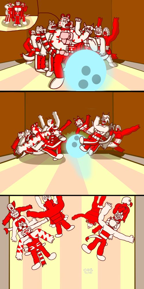 A comic where a glowing cyan bowling ball rolls towards Team Defenders as they look at the bowling ball nervously. The ball hits them and they fall on each other like bowling pins while having painful and shocked expressions on their faces. The throw is a strike, which made all the Team Defenders members lie down at the pin deck, with most of them having body contact with another member of the team except Dreg the dragon.