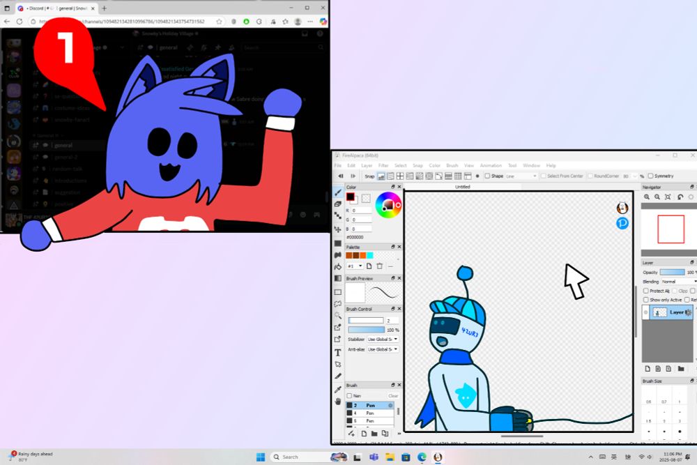 A computer screen with 2 windows. One window is Microsoft Edge with Discord open, and the Discord window is dimmed to contrast Discory coming out of the window to tell Azure, who is in the FireAlpaca window and controlling the on-screen mouse, that he has a ping on Discord.
