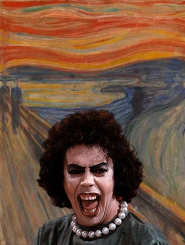 edvard munch's "the scream" but the figure has been replaced with tim curry as frank n furter screaming in his pearls and green mad scientist outfit