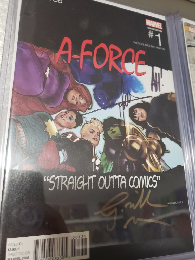 A triple signed copy of A-Force #1 comic book. Hip-hop variant.