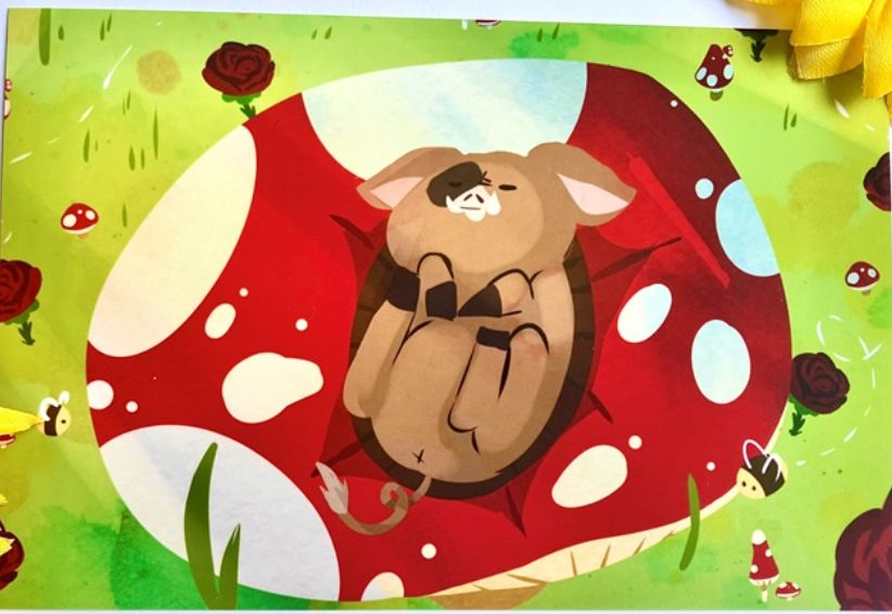 Art of Gilbert from our series -- he's lying on his back on a giant mushroom in a field, surrounded by roses and bees.