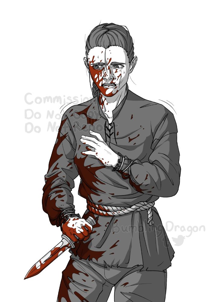 Digital grayscale artwork of a female character wearing dark baggy clothing, holding a dagger, and covered in blood like she's just killed someone. The blood is the only thing in color. She has a rope for a belt around her waist and strings tying her long baggy sleeves to her wrists. Her hair is pulled back into a tight braid. The blood is splattered all over the left side of her face and all down the left side of her body and arm. She looks kind of horrified at what she's done.