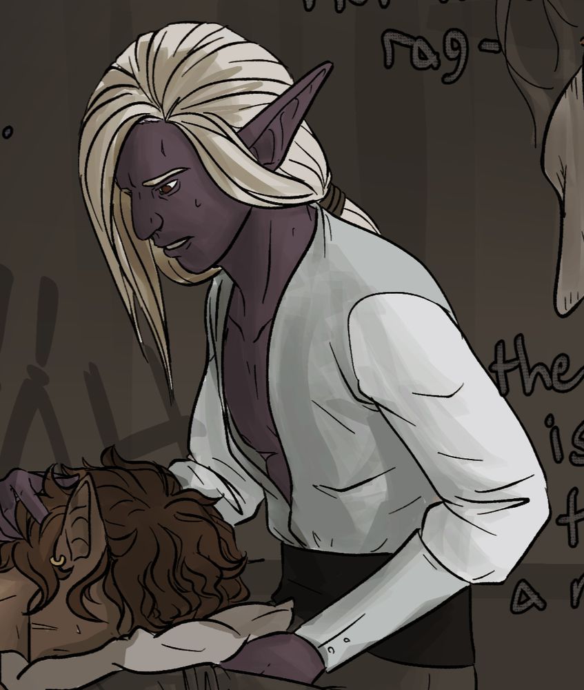 a close up crop of an artwork showing the same drow elf, Ilmryn, in a scene. He appears to be sitting cross legged on the floor with a pillow in his lap. Another character with short pointed ears and wavy brown hair has their face pressed into the pillow. Ilmryn is looking at them worried and touching their hair. There is text on the image that has been cut off by the crop and is illegible.