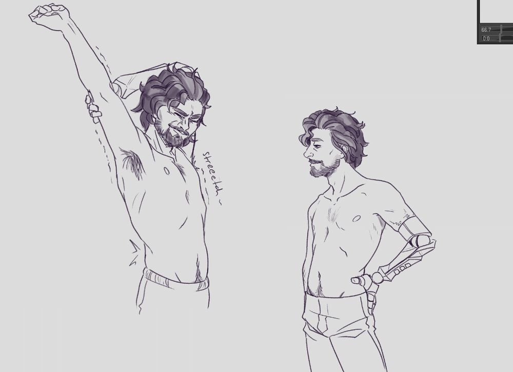 digital sketches of a male character with wavy dark hair and a short beard. His left arm is a mechanical prosthetic and he is shirtless. The drawing on the left is him stretching with his arms above his head, his face scrunched up with the effort. The drawing on the right he has his prosthetic hand on his hip and is standing relaxed