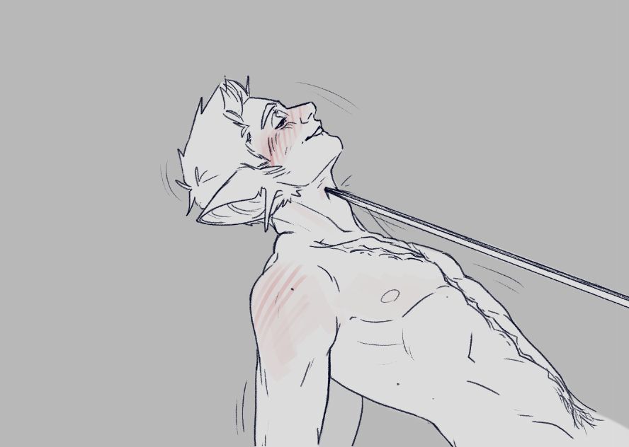 digital sketch of a male character with short hair and large bat-like ears. he's unclothed and leaning backwards, bracing his weight with his arms. there is a sword pointed at his throat by someone off screen, and he's tilting his head up on response. however, he doesn't seem in danger, he's blushing and biting his lip like he's enjoying whatever is going on.