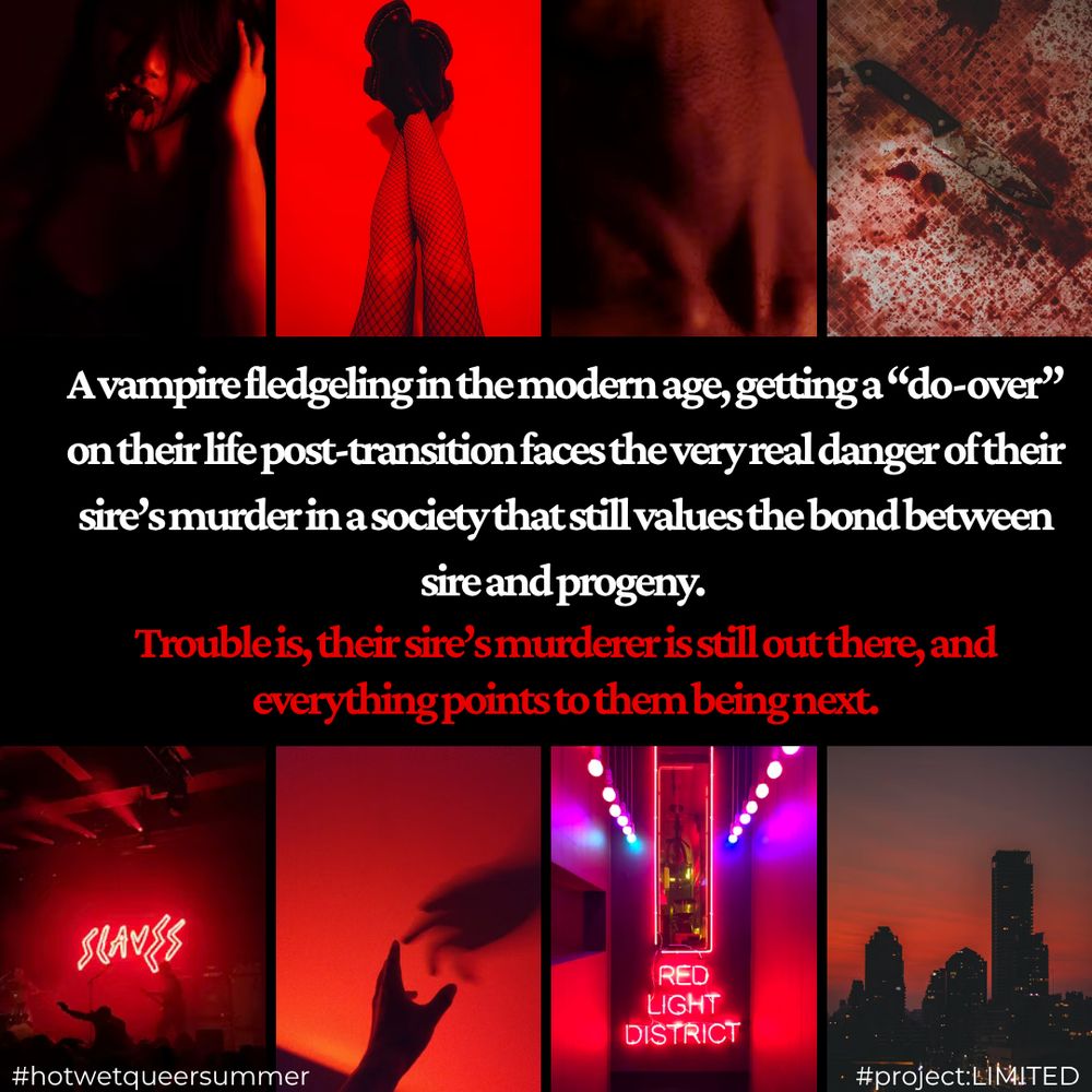 Pitch: A vampire fledgeling in the modern age, getting a “do-over” on their life post-transition faces the very real danger of their sire’s murder in a society that still values the bond between sire and progeny. 
Trouble is, their sire’s murderer is still out there, and everything points to them being next.

Various images surround the words including a woman with blood coming off her mouth, a person wearing fishnet stockings and boots under a red light, a throat exposed to red lighting, a bloody floor with a knife, a club scene with red neon sign that says slaves, a hand reaching for the wall under a red light causing shadows, a club scene with a neon sign that says red light district, and a skyline at nightfall.