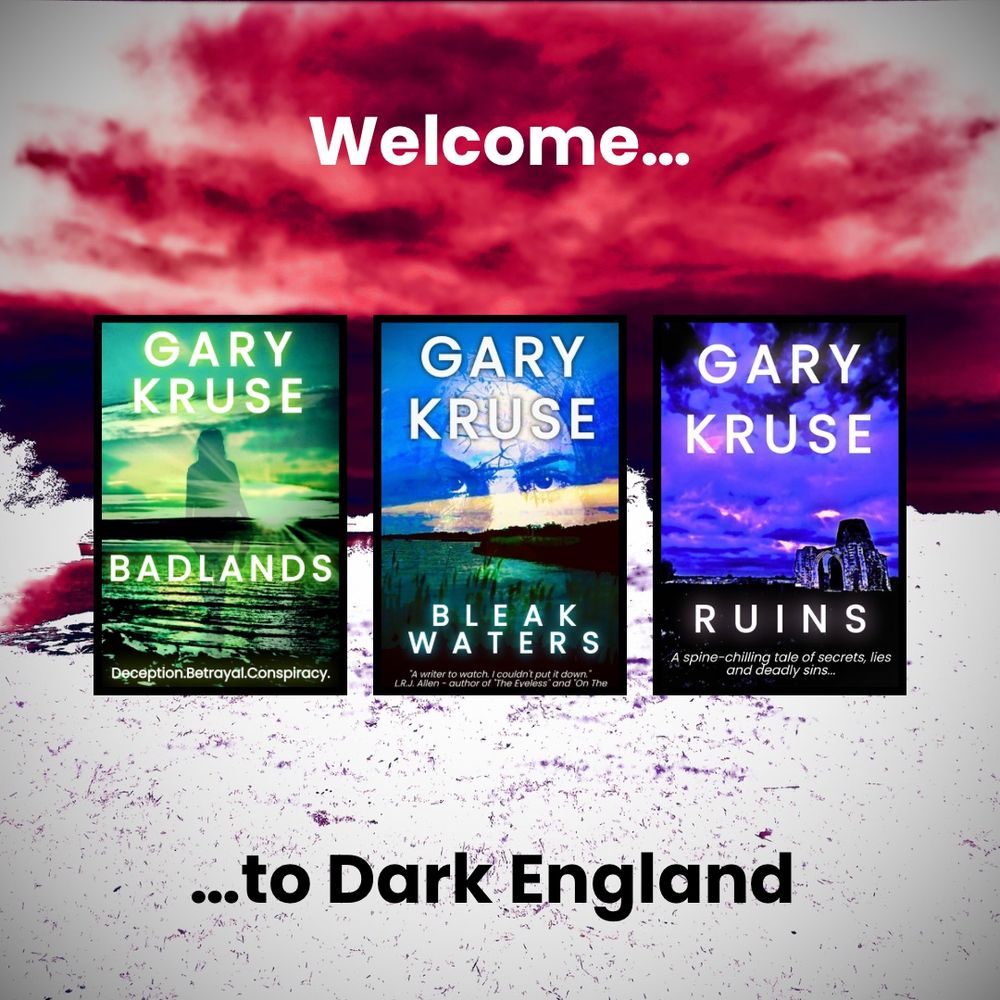 The covers to Badlands, Bleak Waters & Ruins against a red and white background.