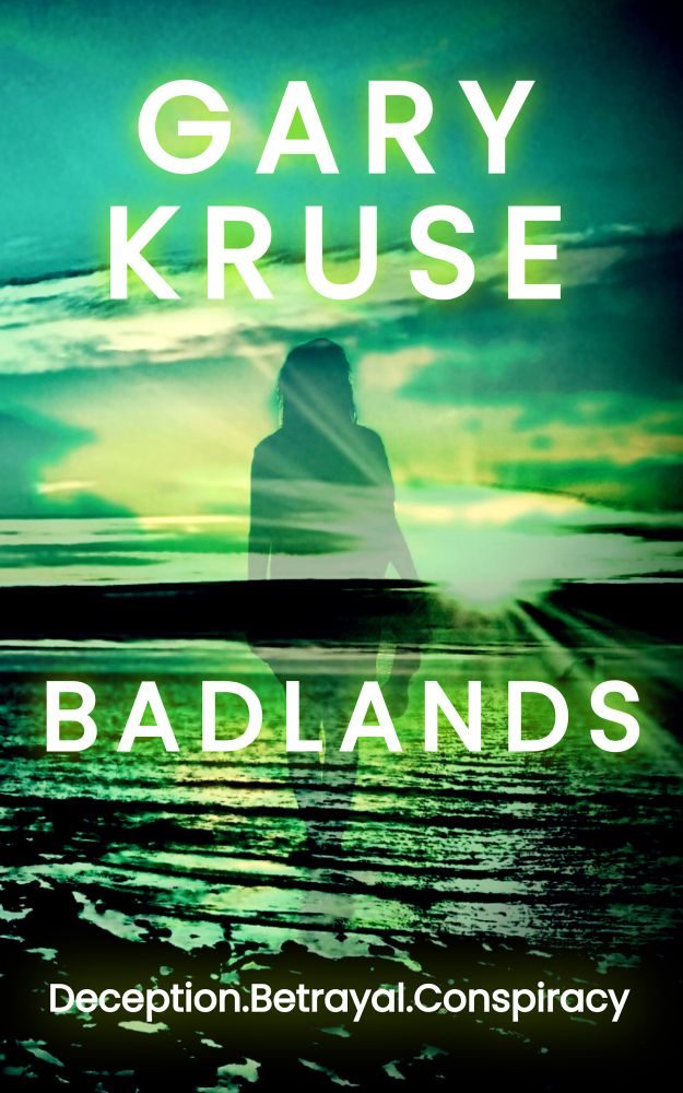 The cover of the book Badlands showing a girls silhouette against an ocean backdrop, washed in green.