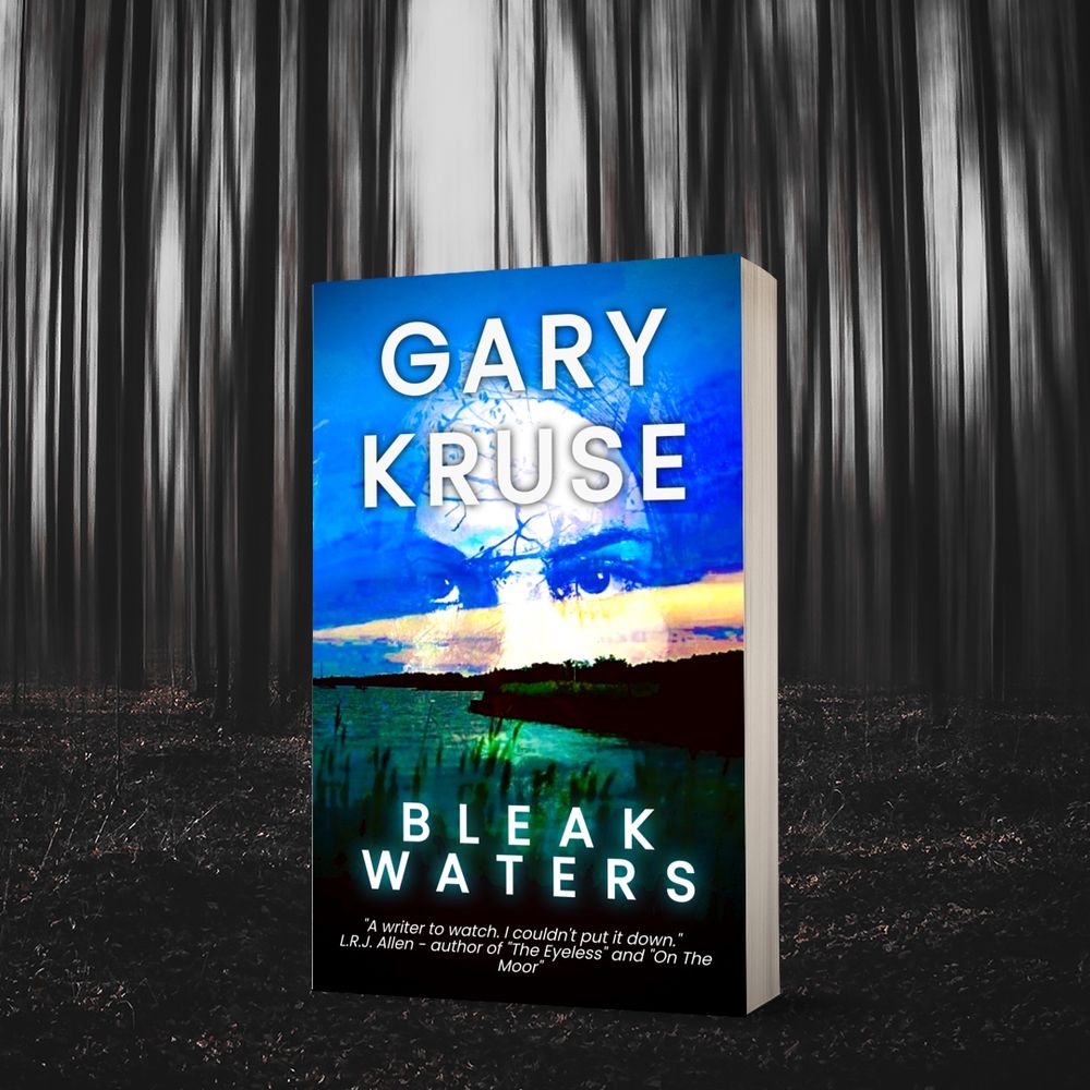 The book bleak waters against an eerie forest backdrop. 