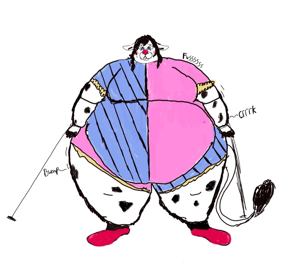 A fat anthro cow dressed as a clown magically getting pumped full of air