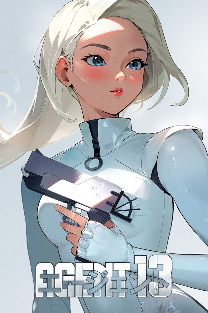 Fan art or Sharon Carter also known as Agent 13 from Marvel comics, she is donning he signature white tactical bodysuit while holding a silver fire gun, she poses looking away in a simple white backdrop.