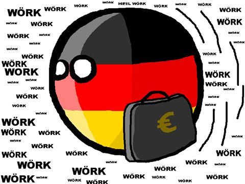 ein Deutschlandfarbender Smiley mit Geldkoffer unterm arm und im Hintergrund steht ganz oft "Wörk".
